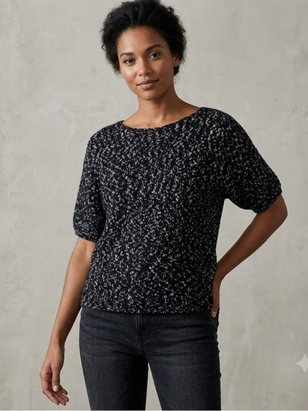 Lafayette 148 black marled linen blend pullover short sleeve sweater size XS